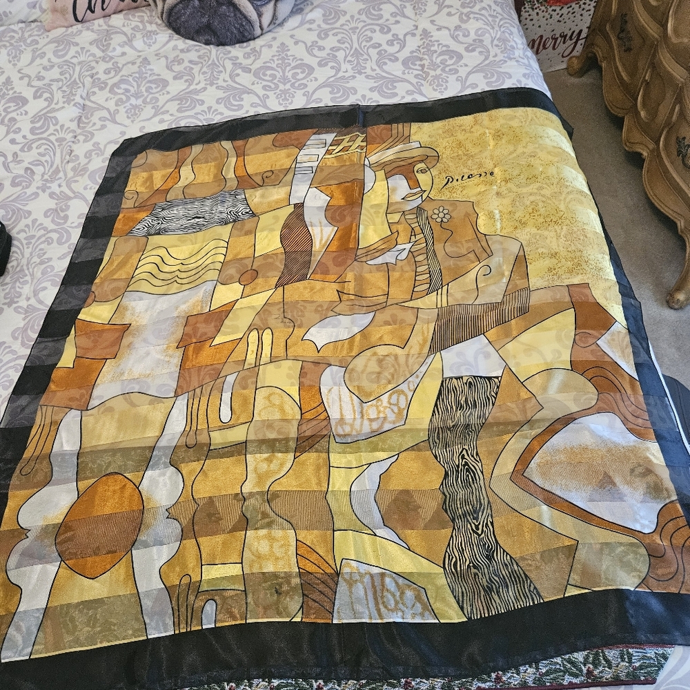Vintage Picasso Scarf Gold Black Tones Silky.  Abstract Design Versatile Piece